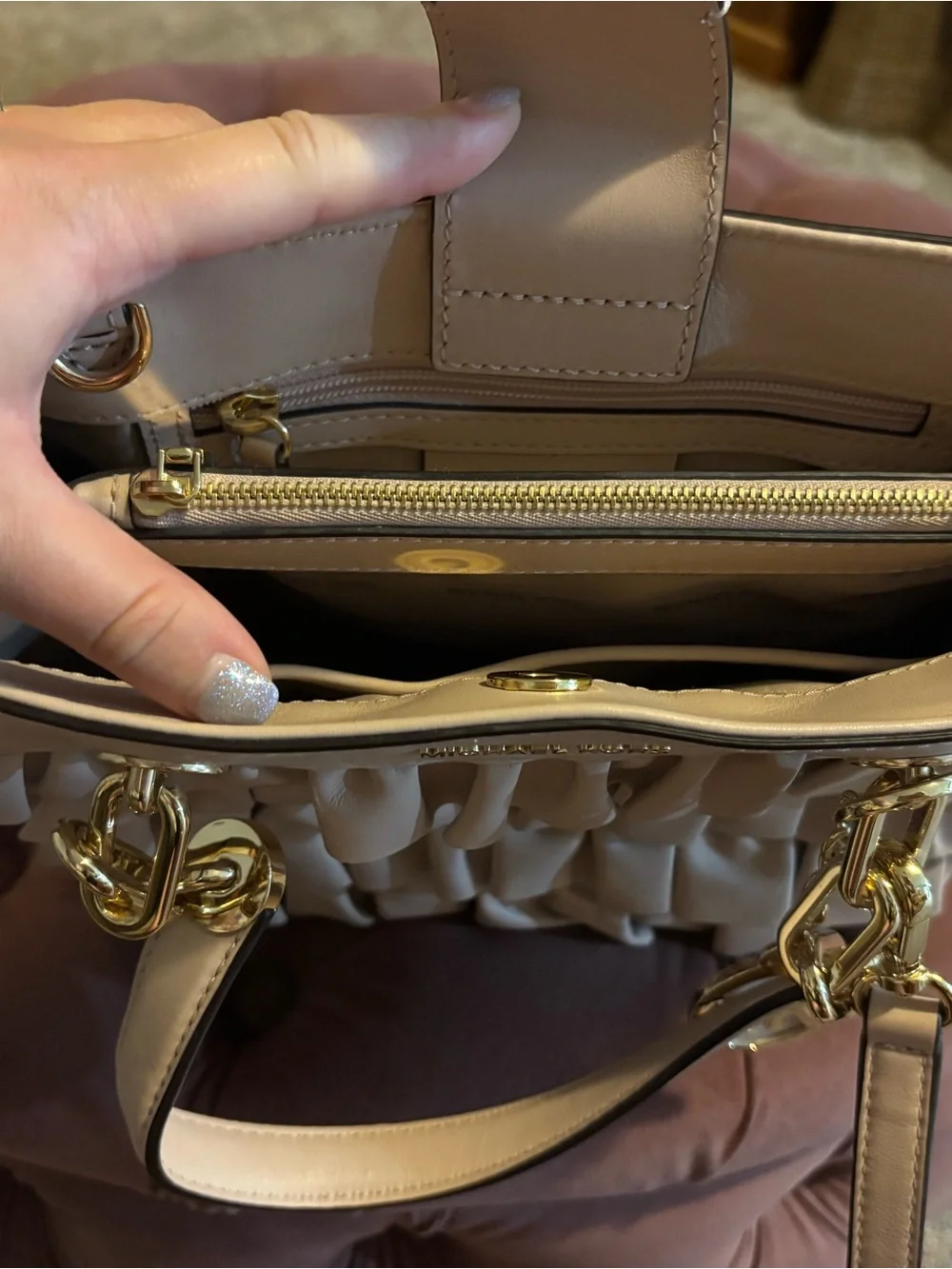 Michael Kors Ruffled Leather Satchel in Pale Blush with Gold Hardware - Picture 3 of 3